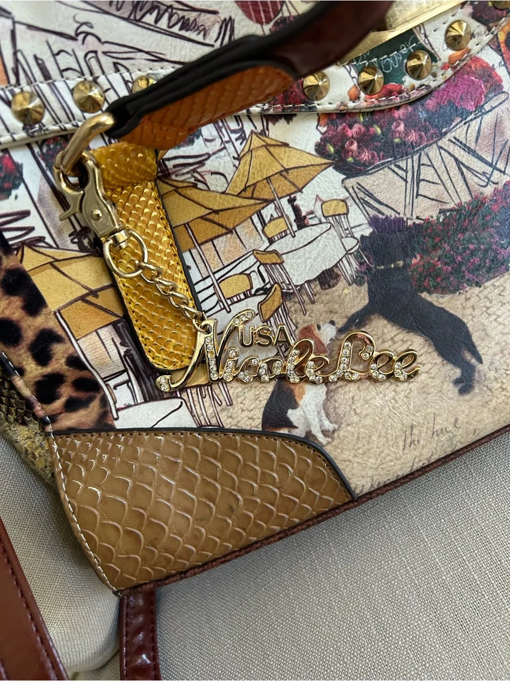 Nicole Lee Multicolor Printed Satchel with Brown Handles